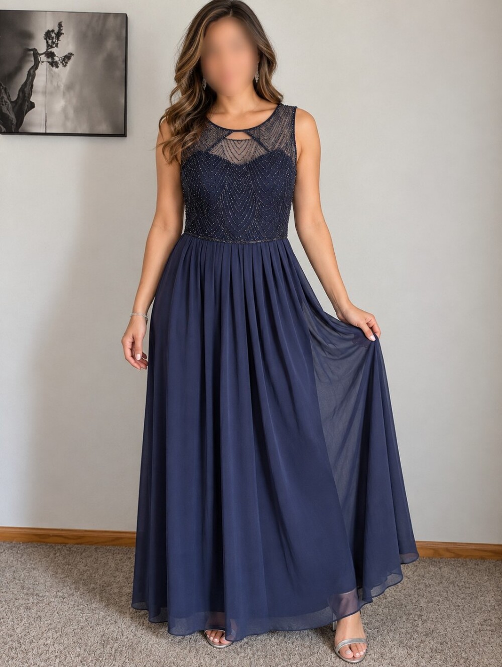 David's Bridal Navy Blue Beaded Evening Gown / Prom Dress - Size 16